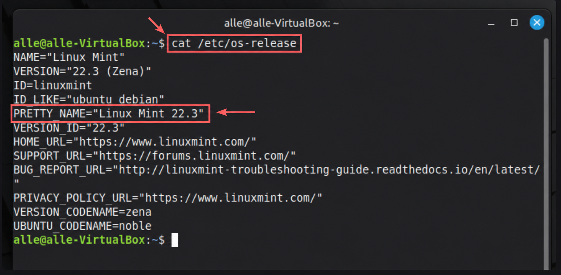 Terminal Bash. Contornos corais destacam o comando cat /etc/os-release e toda a linha PRETTY_NAME=Linux Mint 22.3; setas apontam para cada alvo.