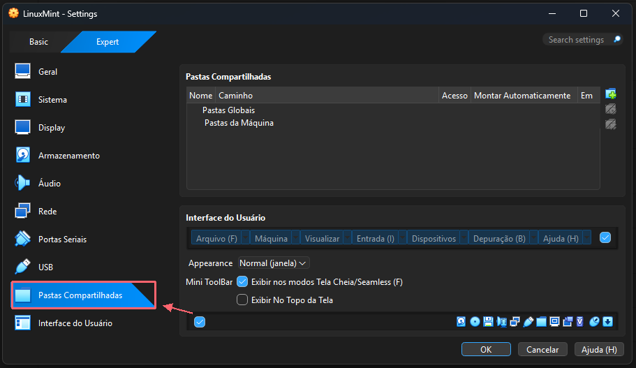 Configurações do VirtualBox com Pastas Compartilhadas destacado na navegação lateral; a lista inclui as categorias Pastas Globais e Pastas da Máquina.