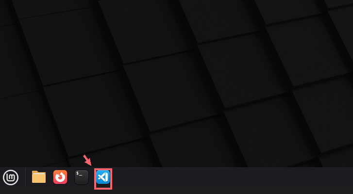 Barra inferior da Área de Trabalho do Linux Mint com o ícone do Visual Studio Code contornado em coral e indicado por uma seta.