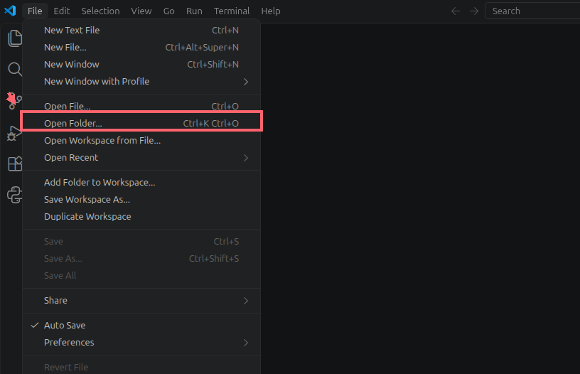 Menu File do VS Code aberto, com Open Folder contornado em coral e indicado por uma seta.
