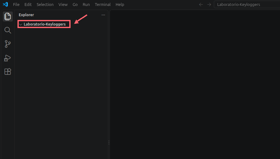 Painel Explorer do VS Code com Laboratorio-Keyloggers como pasta principal; um contorno coral destaca a pasta e uma seta aponta para ela.