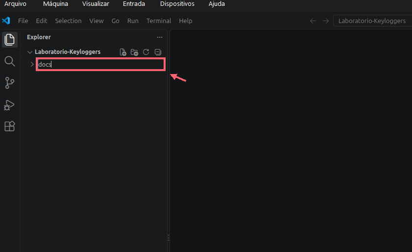 Campo de criação de pasta no Explorer do VS Code, com docs digitado; um contorno coral destaca o campo e uma seta aponta para ele.