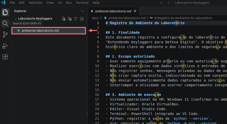 Arquivo ambiente-laboratorio.md selecionado dentro de docs e aberto no VS Code; um contorno coral destaca o nome do arquivo e uma seta aponta para ele.