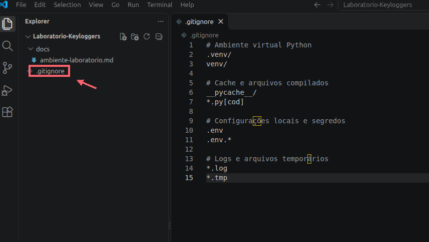 No Explorer do VS Code, o nome .gitignore está destacado por um contorno coral e uma seta; o conteúdo do arquivo aparece aberto ao lado.