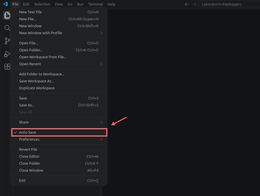 Menu File do VS Code aberto; Auto Save está contornado em coral e indicado por uma seta, com a marca de seleção visível.