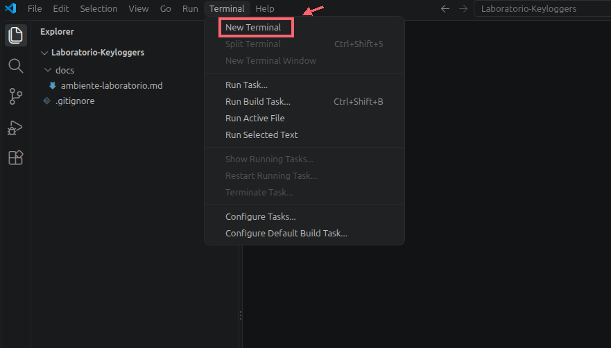 Menu Terminal do VS Code aberto; New Terminal está contornado em coral e indicado por uma seta.