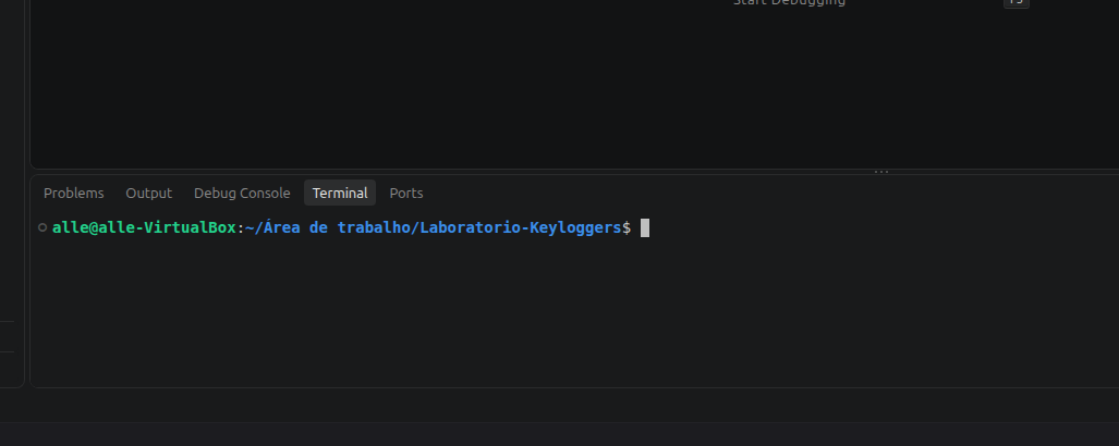 Terminal integrado aberto na parte inferior do VS Code, com o prompt Bash no caminho Laboratorio-Keyloggers.