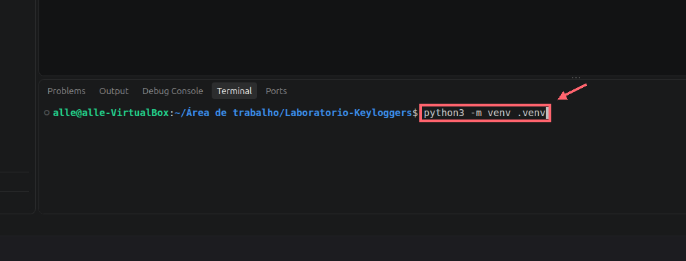 Comando python3 -m venv .venv digitado no terminal integrado; um contorno coral destaca o comando e uma seta aponta para ele.