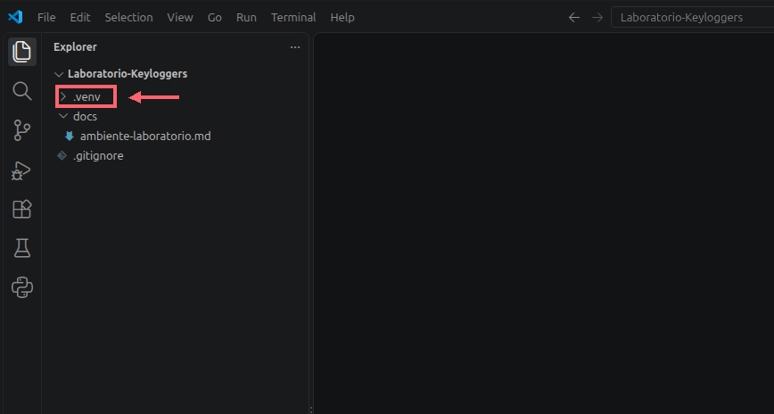Explorer do VS Code mostrando a pasta .venv dentro de Laboratorio-Keyloggers; um contorno coral destaca o nome da pasta e uma seta aponta para ele.