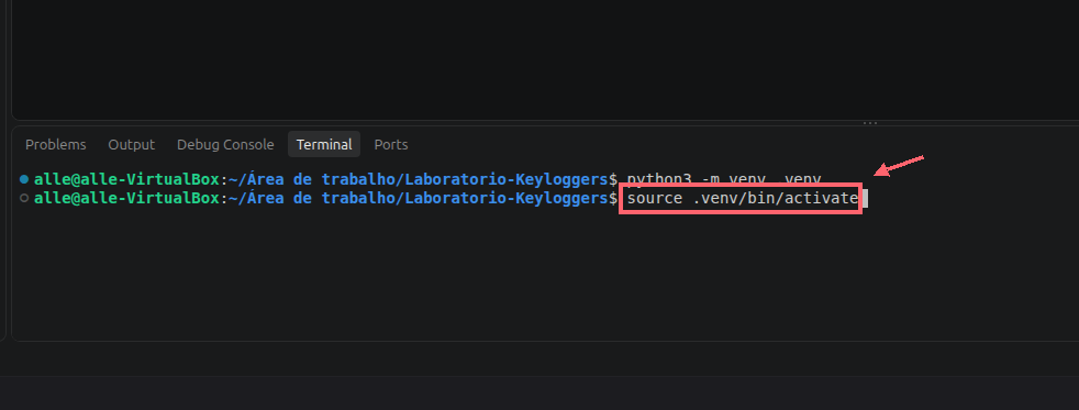 Comando source .venv/bin/activate digitado no terminal; um contorno coral destaca o comando e uma seta aponta para ele.