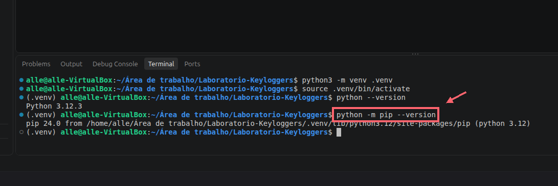 Comando python -m pip --version destacado por um contorno coral e uma seta; a saída mostra pip e o caminho dentro da pasta .venv.