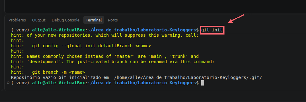Comando git init destacado por um contorno coral e uma seta no terminal; a saída confirma que o repositório foi iniciado.