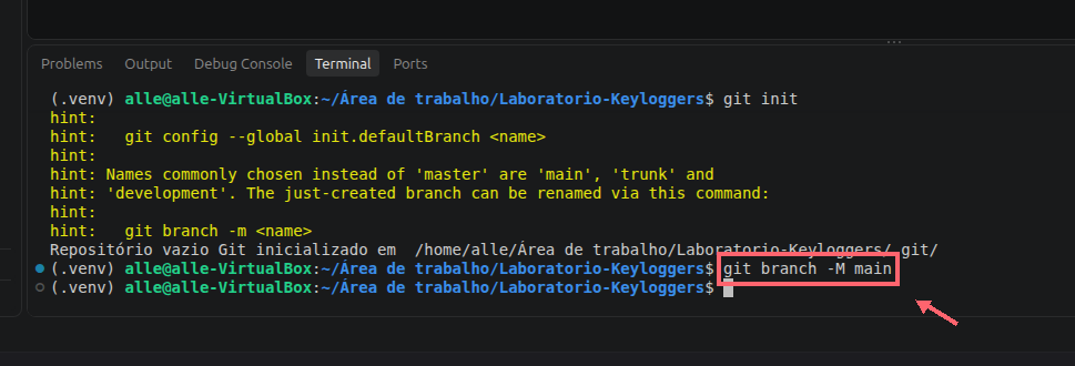 Comando git branch -M main destacado por um contorno coral e uma seta no terminal.