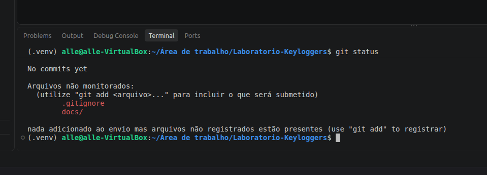 Saída de git status mostrando que ainda não há commits e listando .gitignore e docs como arquivos não monitorados.