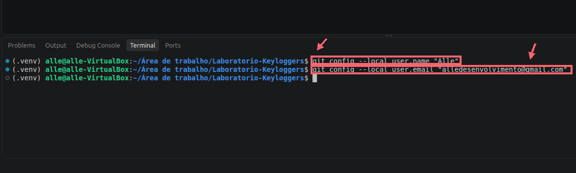 Dois comandos git config --local para definir nome e e-mail estão destacados por contornos corais, com setas apontando para cada comando.