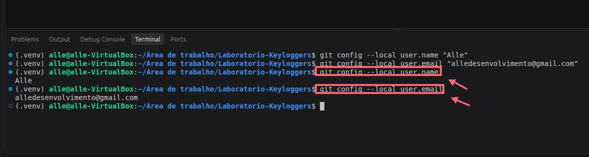 Os comandos git config --local user.name e git config --local user.email estão destacados por contornos corais e setas; abaixo aparecem os valores consultados.