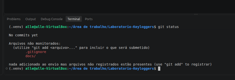 Resultado de git status mostrando .gitignore e docs como arquivos não monitorados antes do primeiro commit.