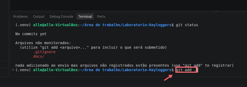 Comando git add . digitado no terminal e destacado por um contorno coral e uma seta.