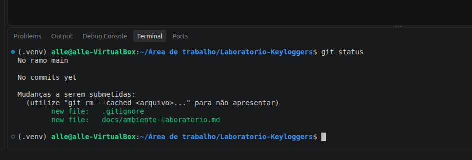 Resultado de git status mostrando .gitignore e docs/ambiente-laboratorio.md como novos arquivos selecionados para o commit.