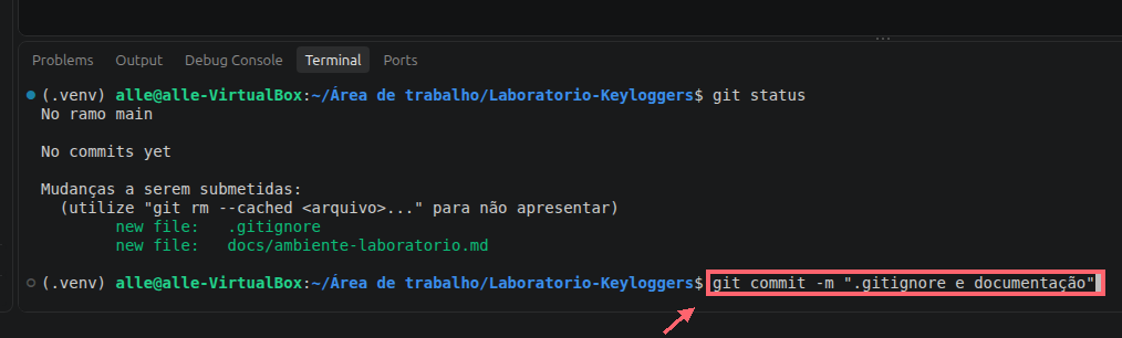 Comando completo git commit -m com a mensagem .gitignore e documentação destacado por contorno coral e seta.