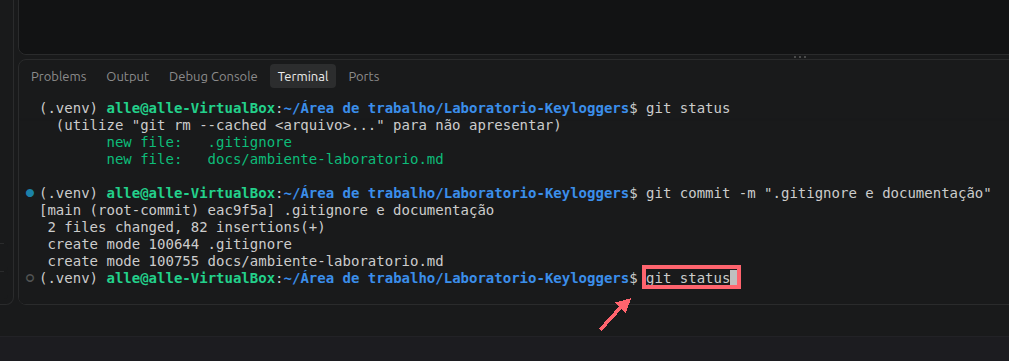 Comando git status digitado no terminal, destacado por um contorno coral e uma seta.